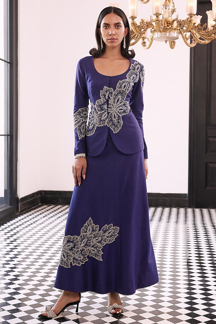 Purple Taffeta Russian Silk Floral Embellished Skirt Set by Charu & Vasundhara at Pernia's Pop Up Shop