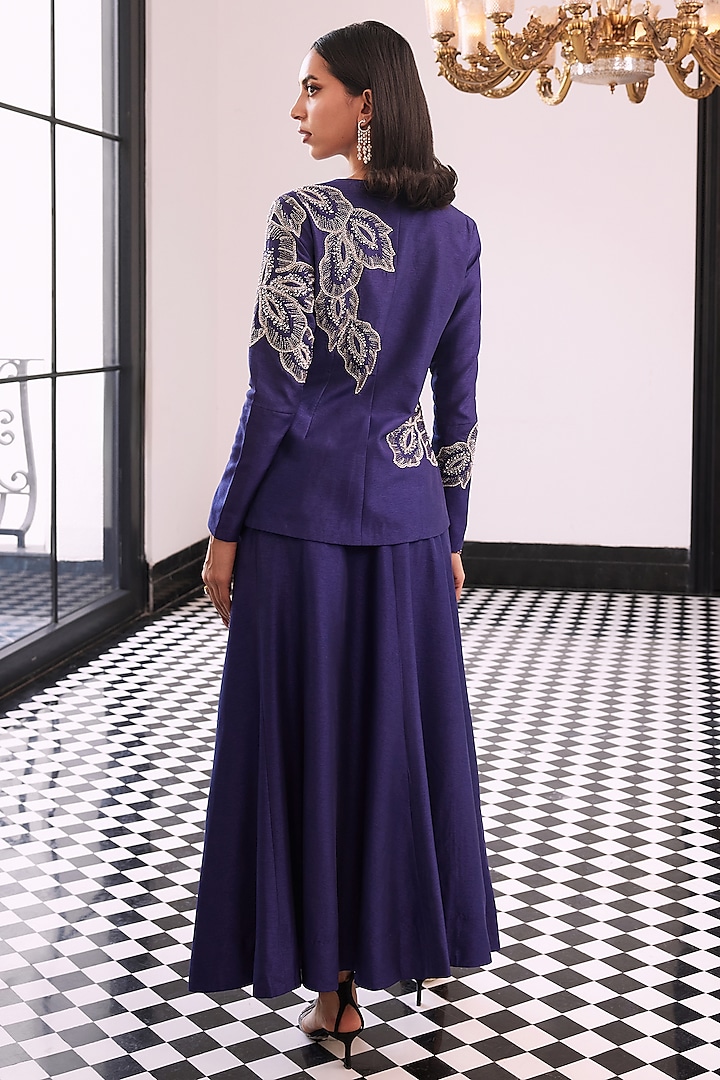 Purple Taffeta Russian Silk Floral Embellished Skirt Set by Charu & Vasundhara at Pernia's Pop Up Shop