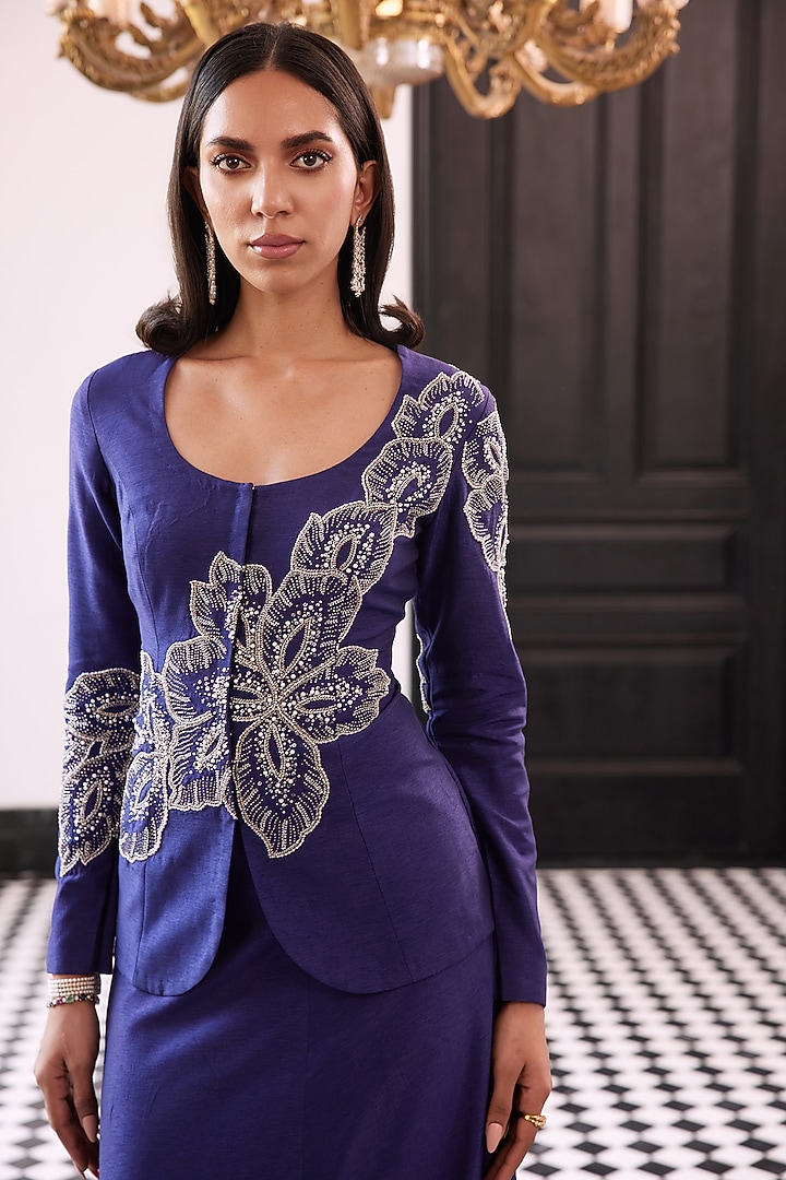 Purple Taffeta Russian Silk Floral Embellished Skirt Set by Charu & Vasundhara at Pernia's Pop Up Shop