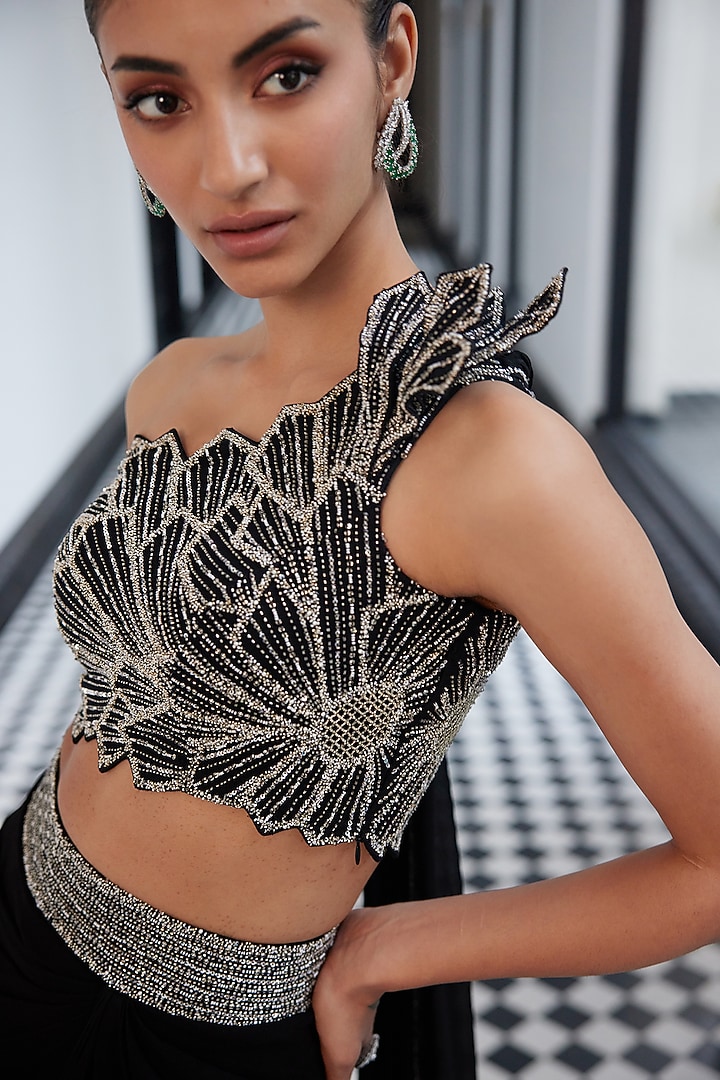 Black Taffeta Net Georgette Draped Fish-Cut Skirt Set by Charu & Vasundhara at Pernia's Pop Up Shop