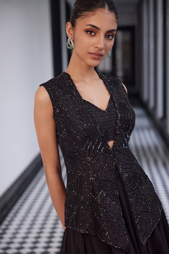 Black Taffeta Tasser Viscose Organza Hand Embellished Wedding Lehenga Set by Charu & Vasundhara at Pernia's Pop Up Shop