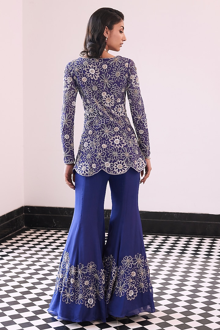 Purple Taffeta Net Viscose Organza Floral Embroidered Wedding Sharara Set by Charu & Vasundhara at Pernia's Pop Up Shop