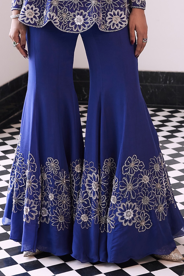 Purple Taffeta Net Viscose Organza Floral Embroidered Wedding Sharara Set by Charu & Vasundhara at Pernia's Pop Up Shop