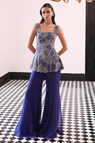Purple Taffeta Viscose Organza Hand Embroidered Sharara Set by Charu & Vasundhara