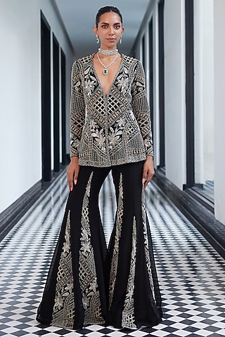Black Taffeta Net Viscose Organza Geometric Embroidered Kalidar Sharara Set by Charu & Vasundhara