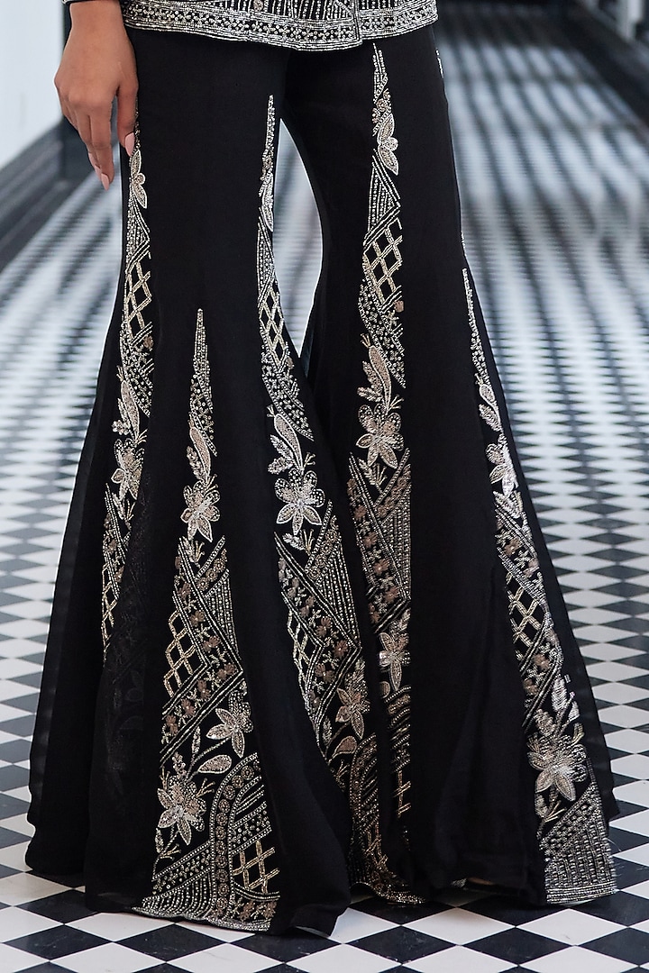 Black Taffeta Net Viscose Organza Geometric Embroidered Kalidar Bridal Sharara Set by Charu & Vasundhara at Pernia's Pop Up Shop
