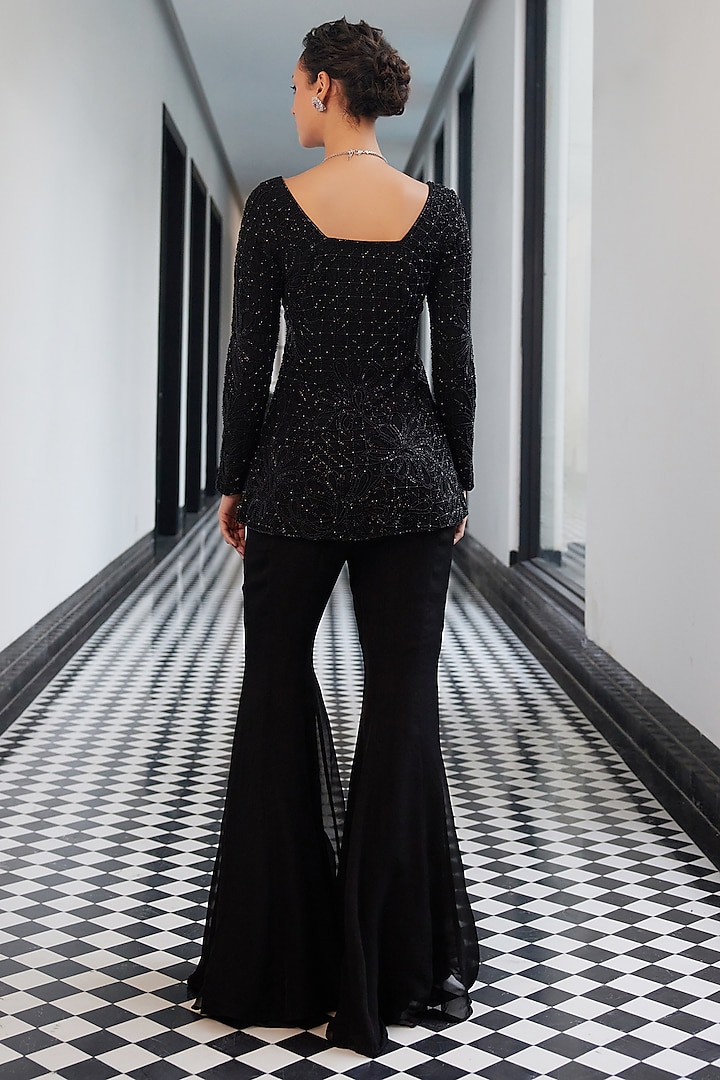 Black Taffeta Viscose Organza Wedding Sharara Set by Charu & Vasundhara at Pernia's Pop Up Shop