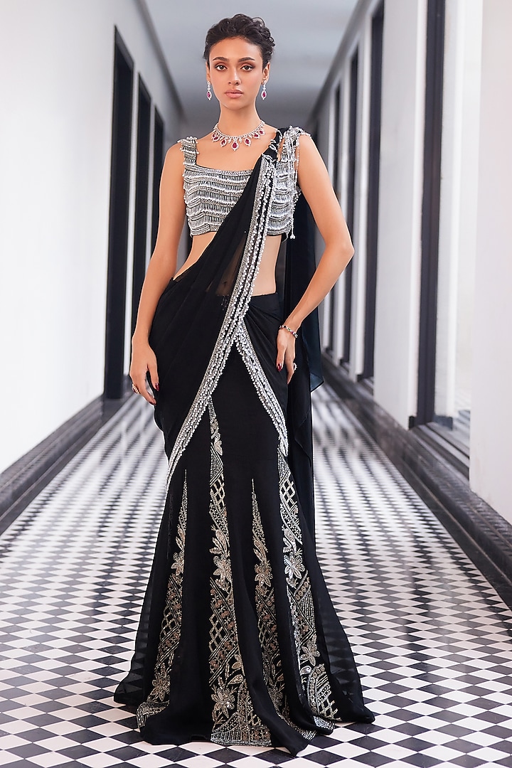 Black Taffeta Tasser Viscose Organza Net Georgette Hand Embroidered Pre-Draped Saree Set by Charu & Vasundhara at Pernia's Pop Up Shop