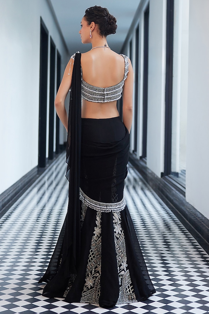 Black Taffeta Tasser Viscose Organza Net Georgette Hand Embroidered Pre-Draped Wedding Saree Set by Charu & Vasundhara at Pernia's Pop Up Shop