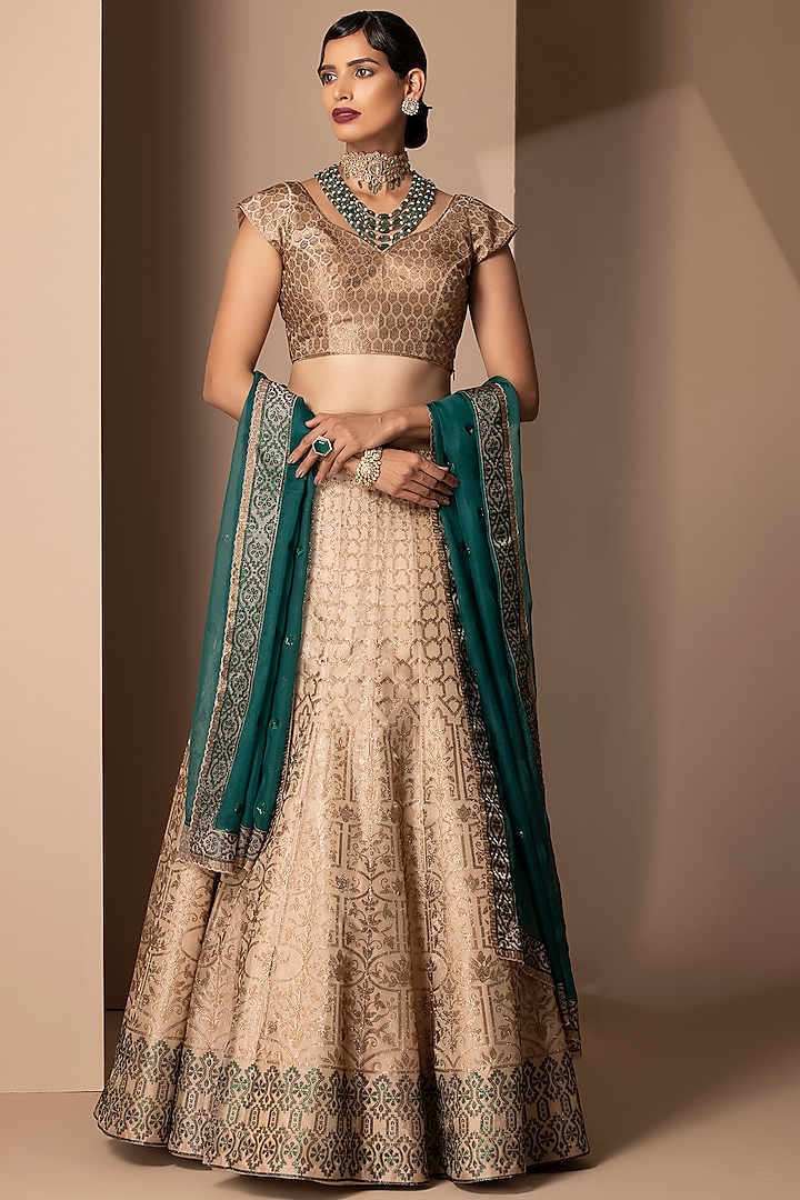 Gold Metallic Organza Lehenga Set by Chhaya Mehrotra