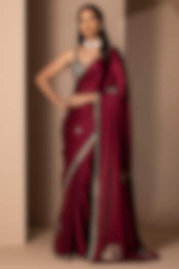 Maroon Silk Satin Embellished Saree Set by Chhaya Mehrotra