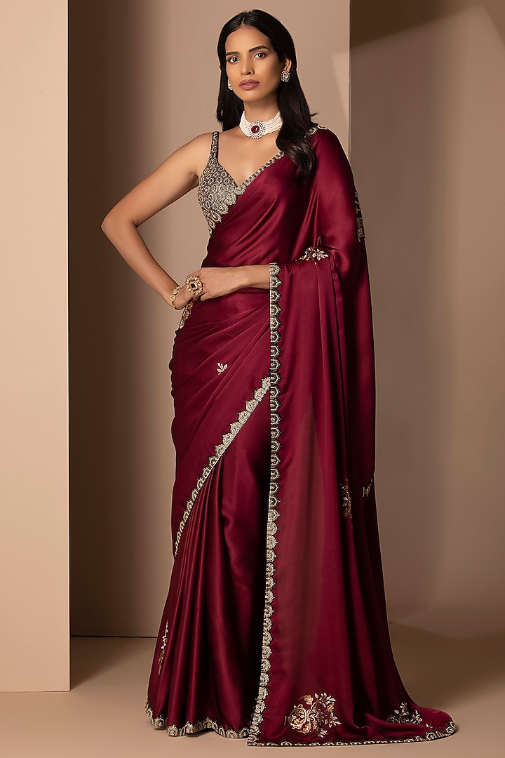 Maroon Silk Satin Rhinestone Embellished Saree Set by Chhaya Mehrotra