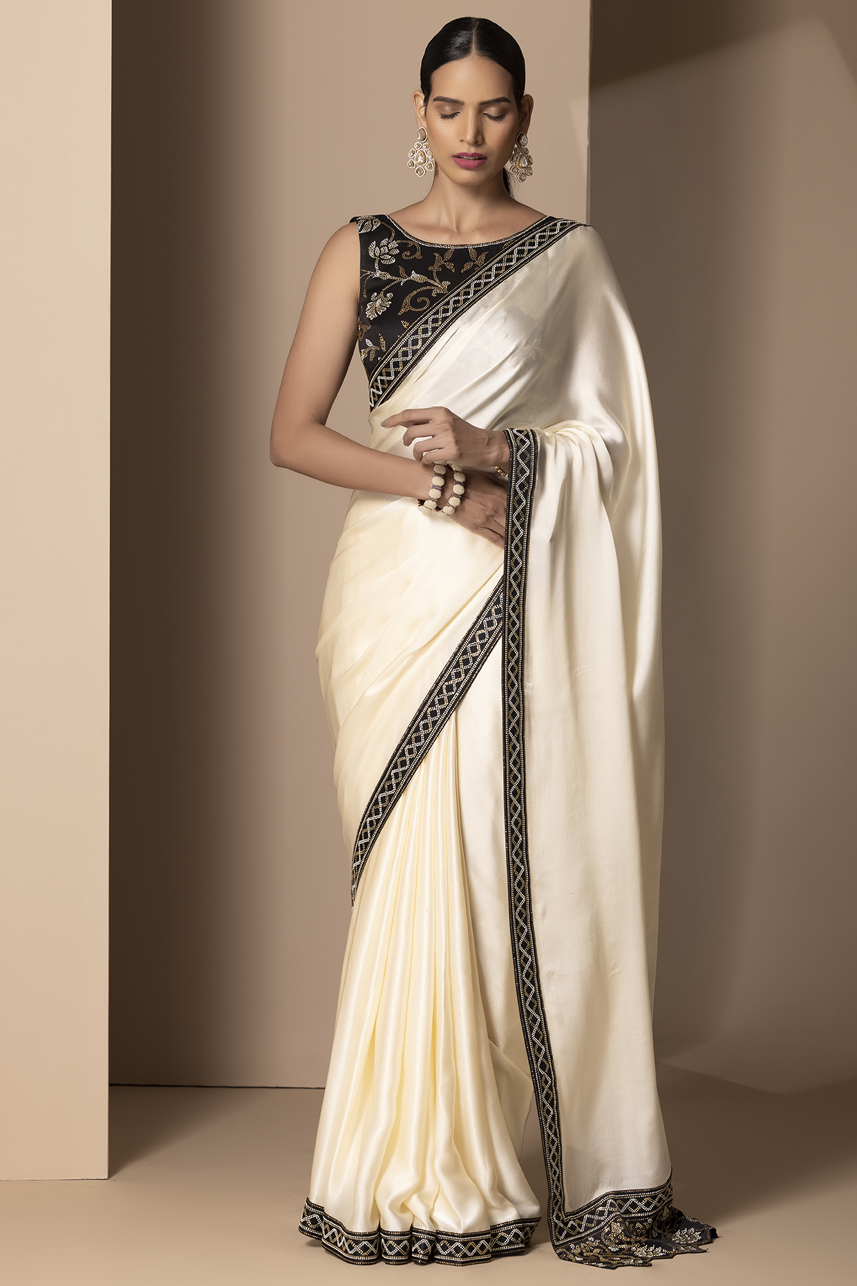 Cream Chamoise Satin Rhinestone Embellished Wedding Saree Set by Chhaya Mehrotra at Pernia's Pop Up Shop