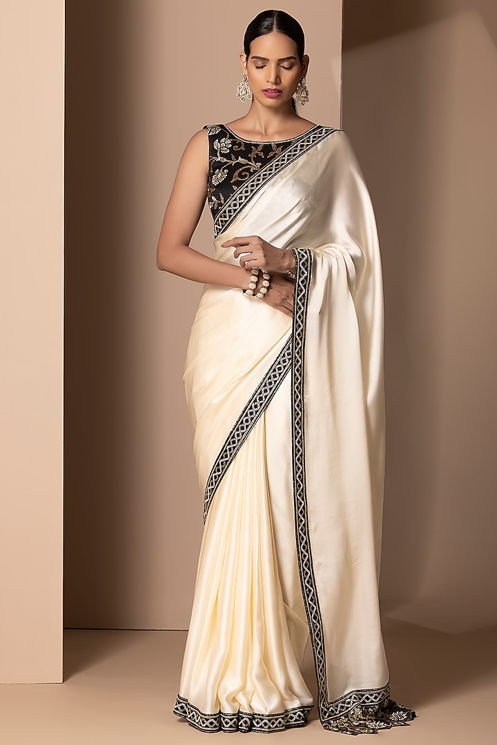 Cream Chamoise Satin Rhinestone Embellished Wedding Saree Set by Chhaya Mehrotra at Pernia's Pop Up Shop