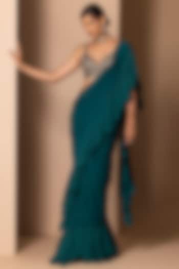Teal Silk Georgette Pre-Stitched Saree Set by Chhaya Mehrotra