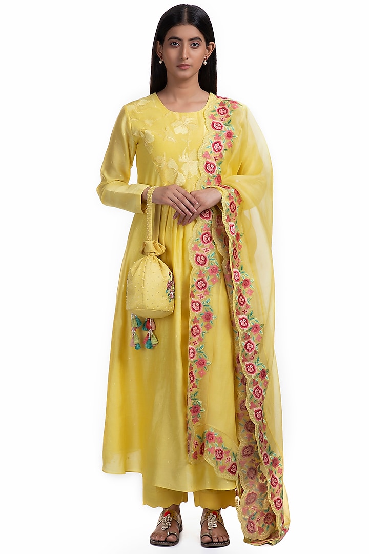 Yellow Handwoven Chanderi Kurta Set by Chhaya Mehrotra