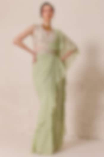 Pistachio Silk Georgette Embellished Draped Saree Set by Chhaya Mehrotra