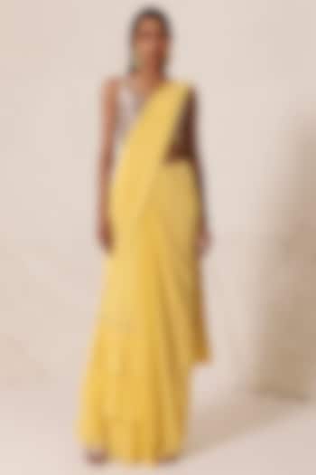 Yellow Silk Georgette Draped Saree Set by Chhaya Mehrotra