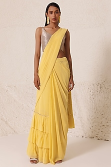 Yellow Silk Georgette Draped Saree Set by Chhaya Mehrotra-RAKSHA BANDHAN EDIT