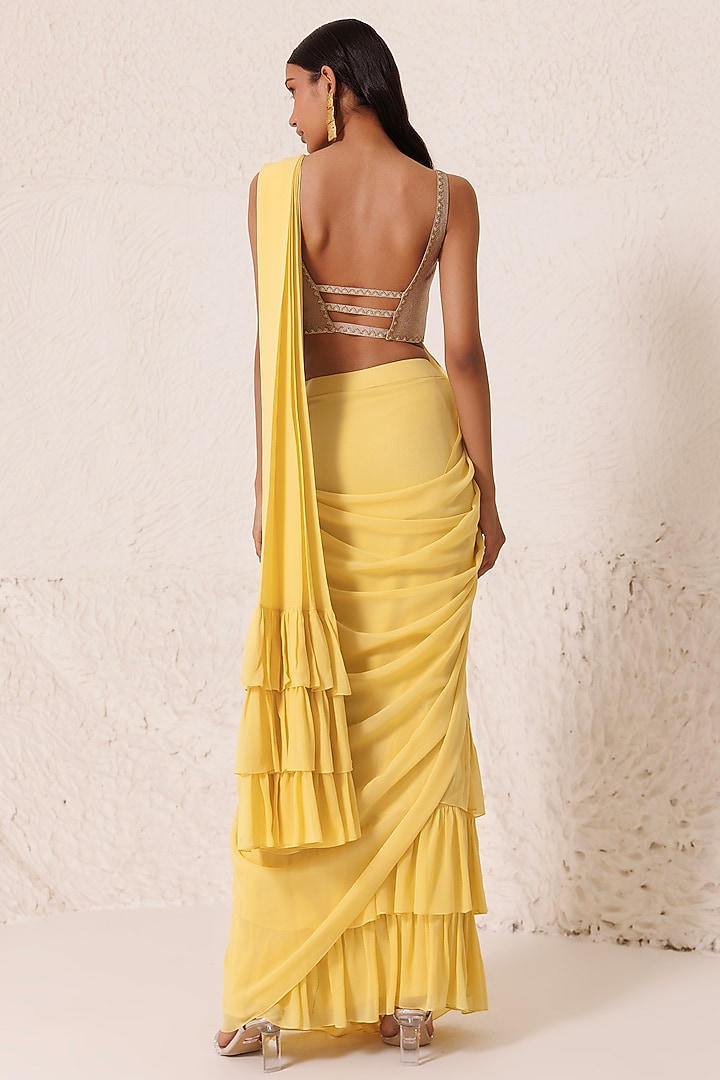 Yellow Silk Georgette Draped Wedding Saree Set by Chhaya Mehrotra at Pernia's Pop Up Shop