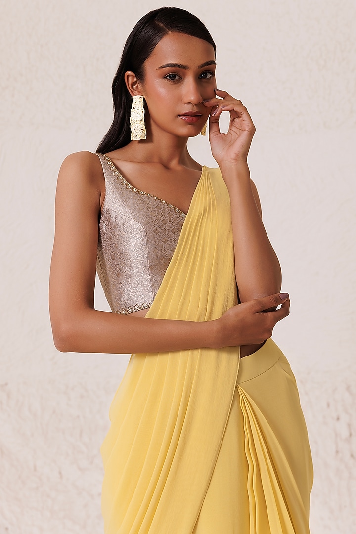 Yellow Silk Georgette Draped Wedding Saree Set by Chhaya Mehrotra at Pernia's Pop Up Shop