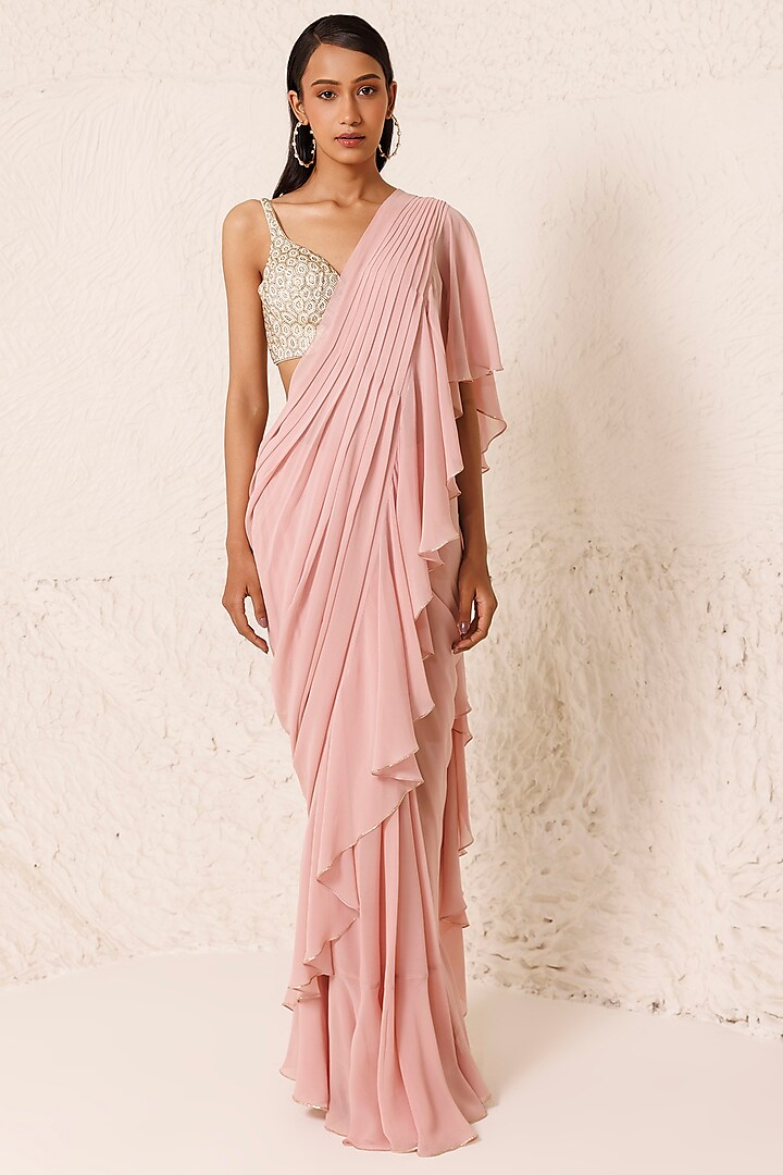 Dusty Pink Silk Georgette Embellished Drape Saree Set by Chhaya Mehrotra at Pernia's Pop Up Shop