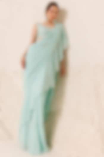 Aqua Silk Georgette Draped Saree Set by Chhaya Mehrotra
