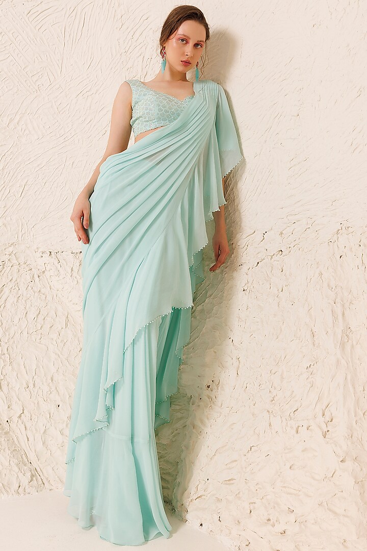Aqua Silk Georgette Draped Saree Set by Chhaya Mehrotra