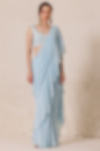 Ice Blue Silk Georgette Draped Saree Set by Chhaya Mehrotra at Pernia's Pop Up Shop