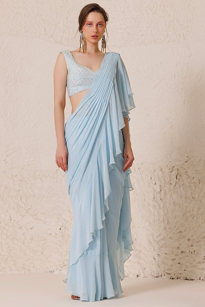 Ice Blue Silk Georgette Draped Saree Set by Chhaya Mehrotra at Pernia's Pop Up Shop