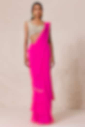 Neon Pink Silk Georgette Embellished Drape Saree Set by Chhaya Mehrotra at Pernia's Pop Up Shop