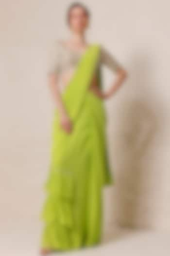 Lime Green Silk Georgette Embellished Drape Saree Set by Chhaya Mehrotra at Pernia's Pop Up Shop