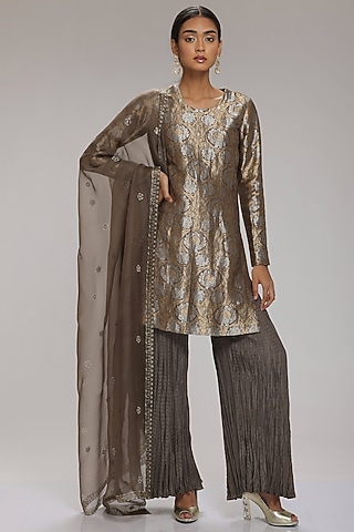 Grey Banarasi Brocade Kurta Set by Chhaya Mehrotra