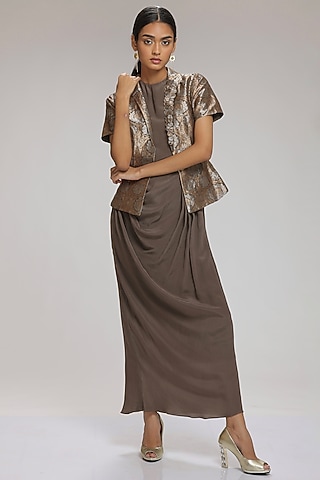 Grey Pure Crepe Draped Dress With Embroidered Jacket by Chhaya Mehrotra