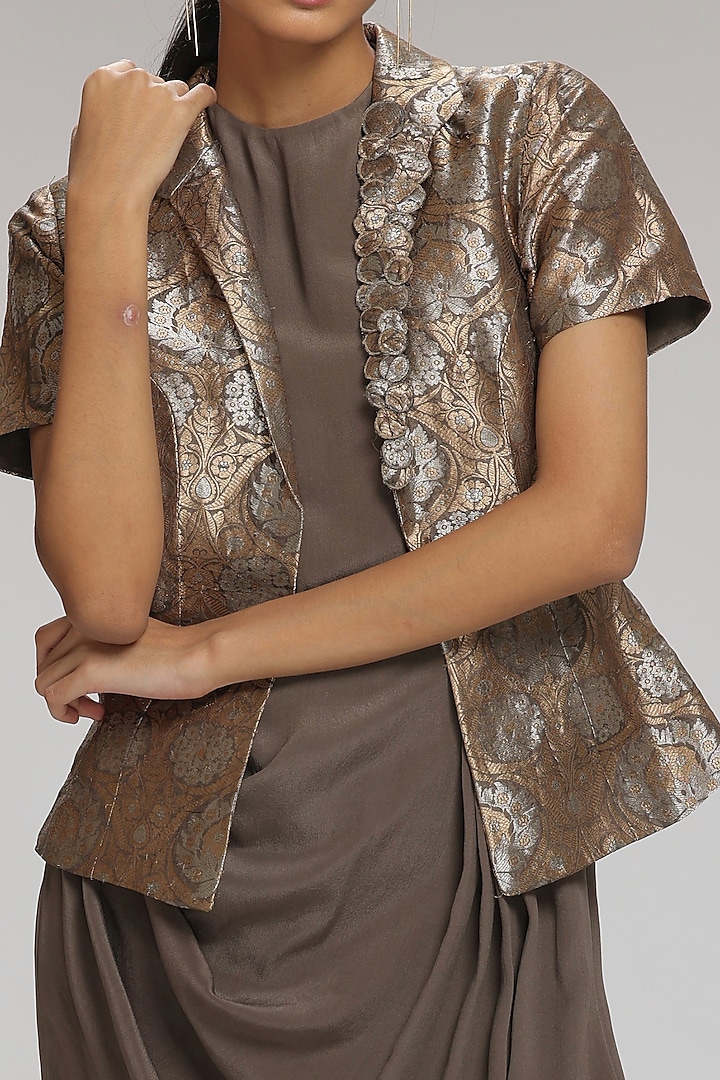 Grey Pure Crepe Draped Cocktail Dress With Embroidered Jacket by Chhaya Mehrotra at Pernia's Pop Up Shop