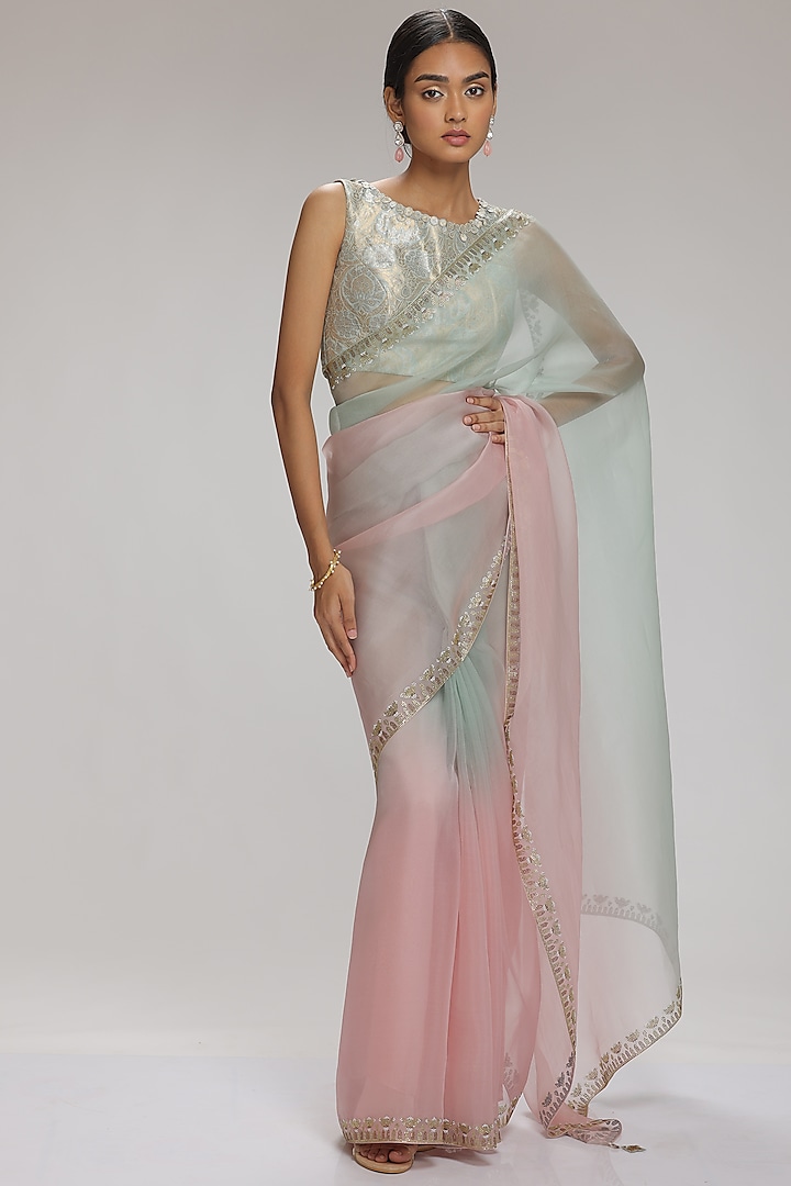 Pink & Mint Ombre Embellished Saree Set by Chhaya Mehrotra