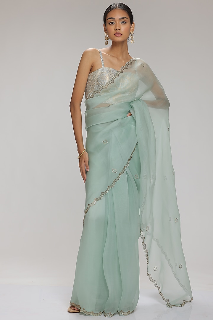 Mint Embellished Saree Set by Chhaya Mehrotra