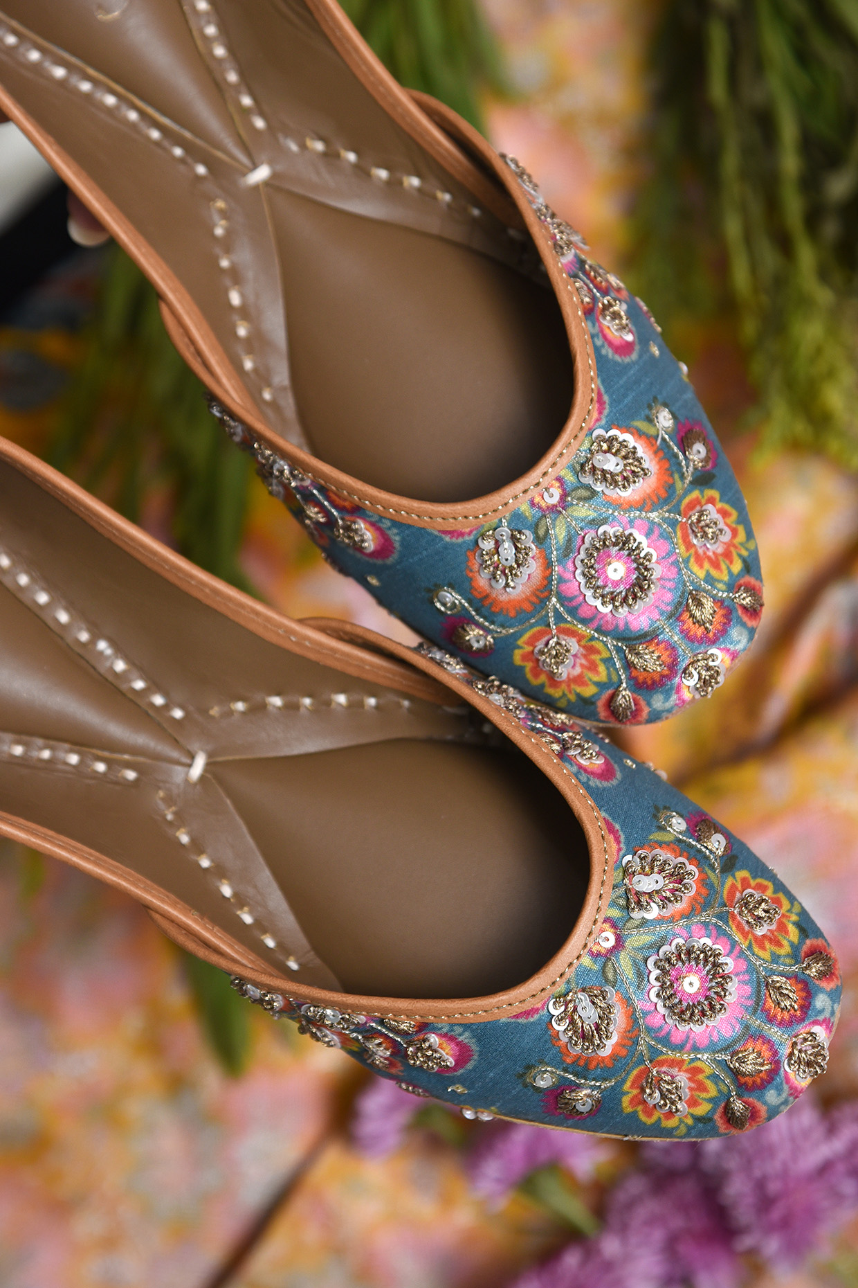 Teal Blue Floral Printed Juttis by Coral Haze