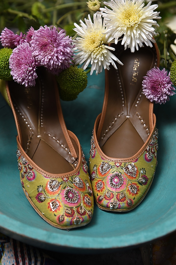 Lime Green Floral Printed Juttis by Coral Haze