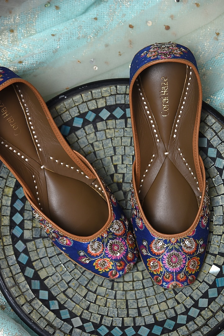 Indigo Blue Floral Printed Juttis by Coral Haze at Pernia's Pop Up Shop