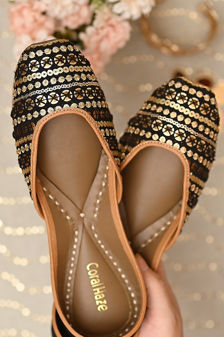 Black & Gold Embroidered Juttis by Coral Haze