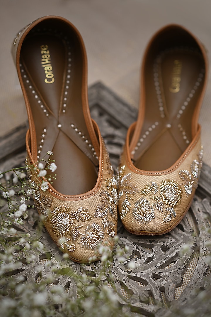 Gold Cutdana Embroidered Juttis by Coral Haze