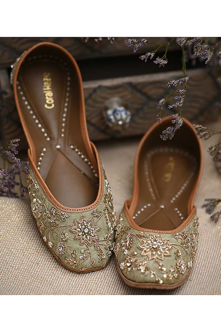 Sage Green Hand Embroidered Juttis by Coral Haze at Pernia's Pop Up Shop