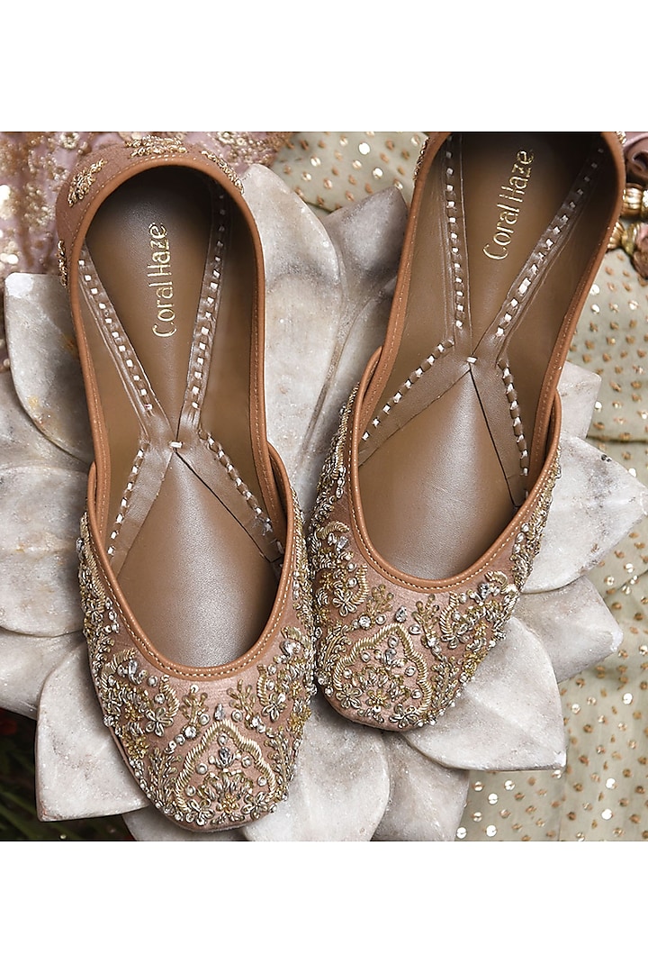 Taupe Hand Embroidered Juttis by Coral Haze