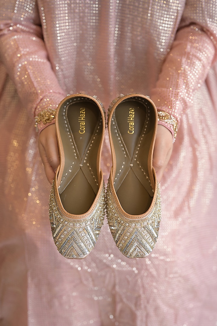 Light Gold & Silver Genuine Leather Sequins Hand Embroidered Juttis by Coral Haze at Pernia's Pop Up Shop