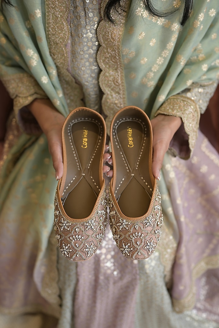 Nude Genuine Leather Floral & Jaal Hand Embroidered Juttis by Coral Haze at Pernia's Pop Up Shop