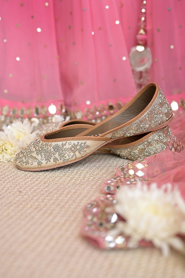 Cream Genuine Leather Zardosi Hand Embroidered Juttis by Coral Haze at Pernia's Pop Up Shop