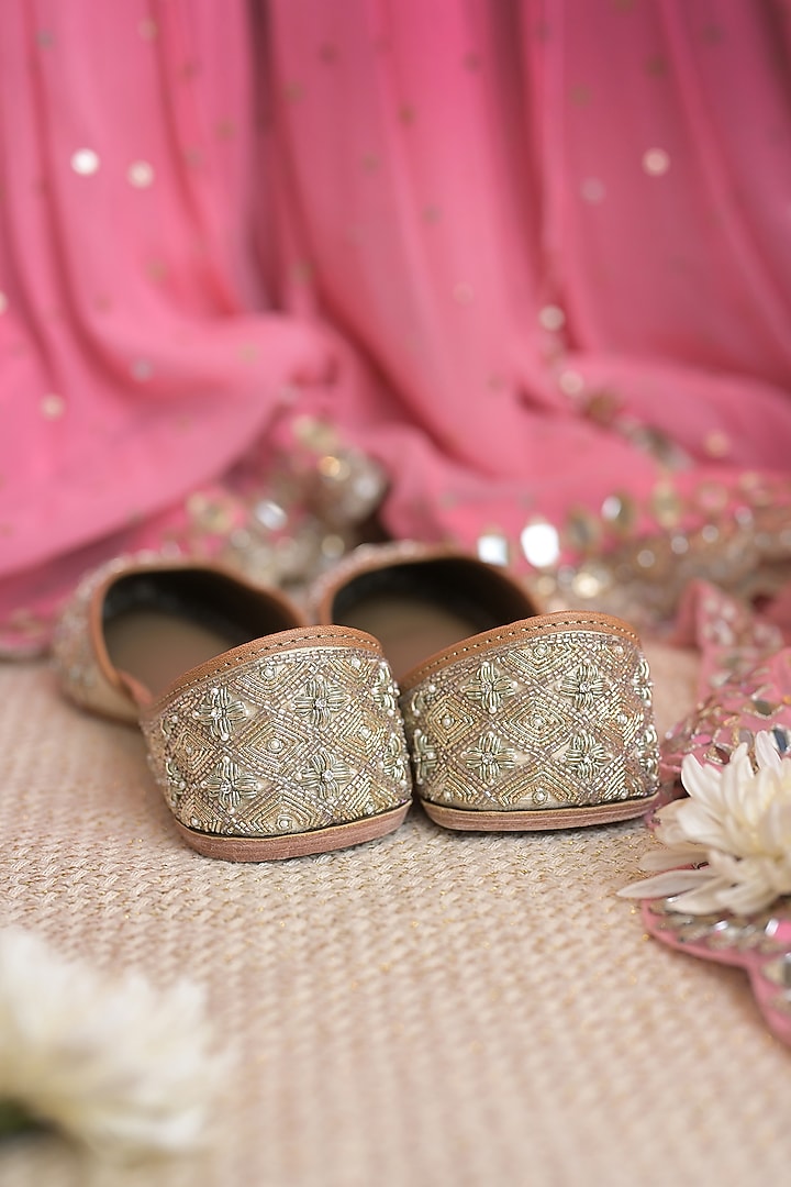 Cream Genuine Leather Zardosi Hand Embroidered Juttis by Coral Haze at Pernia's Pop Up Shop