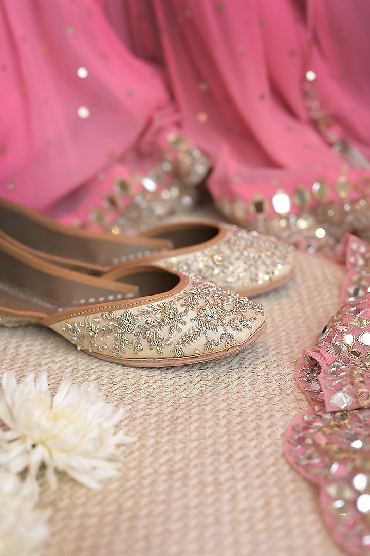 Cream Genuine Leather Zardosi Hand Embroidered Juttis by Coral Haze at Pernia's Pop Up Shop