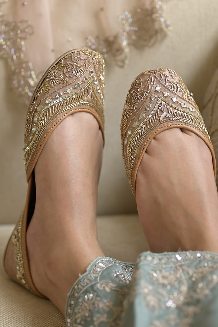 Pale Peach Dupion Sequins & Bead Embroidered Juttis by Coral Haze